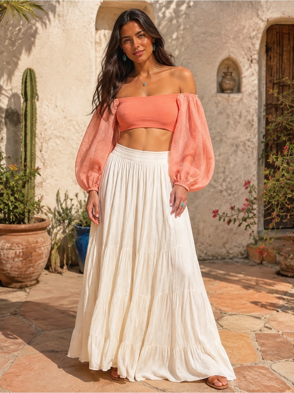 ZARA Boho Luxe Off-Shoulder Coral Balloon puff Sleeve Crop Top Small | Festival